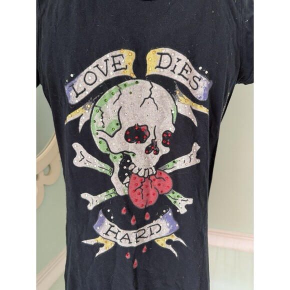 Ed Hardy Y2K 2000s Rhinestone Skull Bling Black women’s T-Shirt Love Dies Hard S - Picture 2 of 7